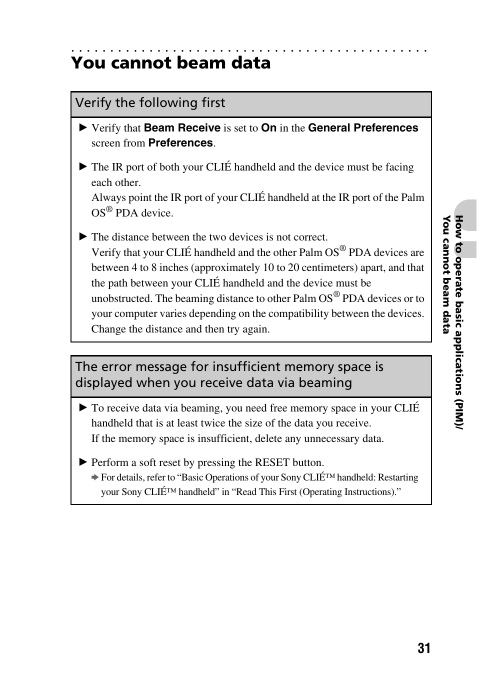 You cannot beam data, Verify the following first | Sony PEG-SJ22 User Manual | Page 31 / 52