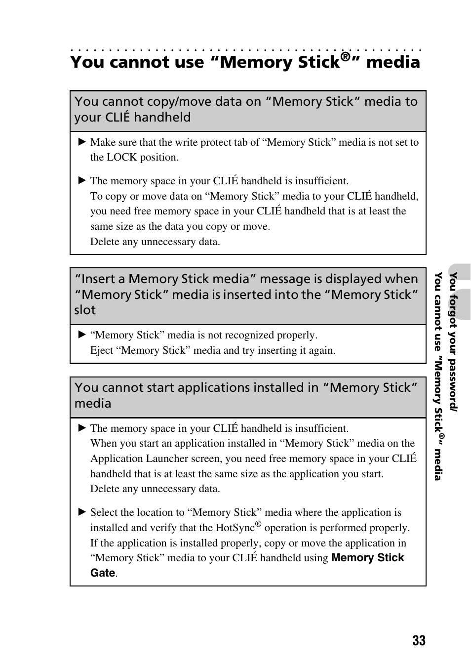 You cannot use “memory stick®” media, You cannot use “memory stick, Media | Sony PEG-SJ22 User Manual | Page 33 / 52