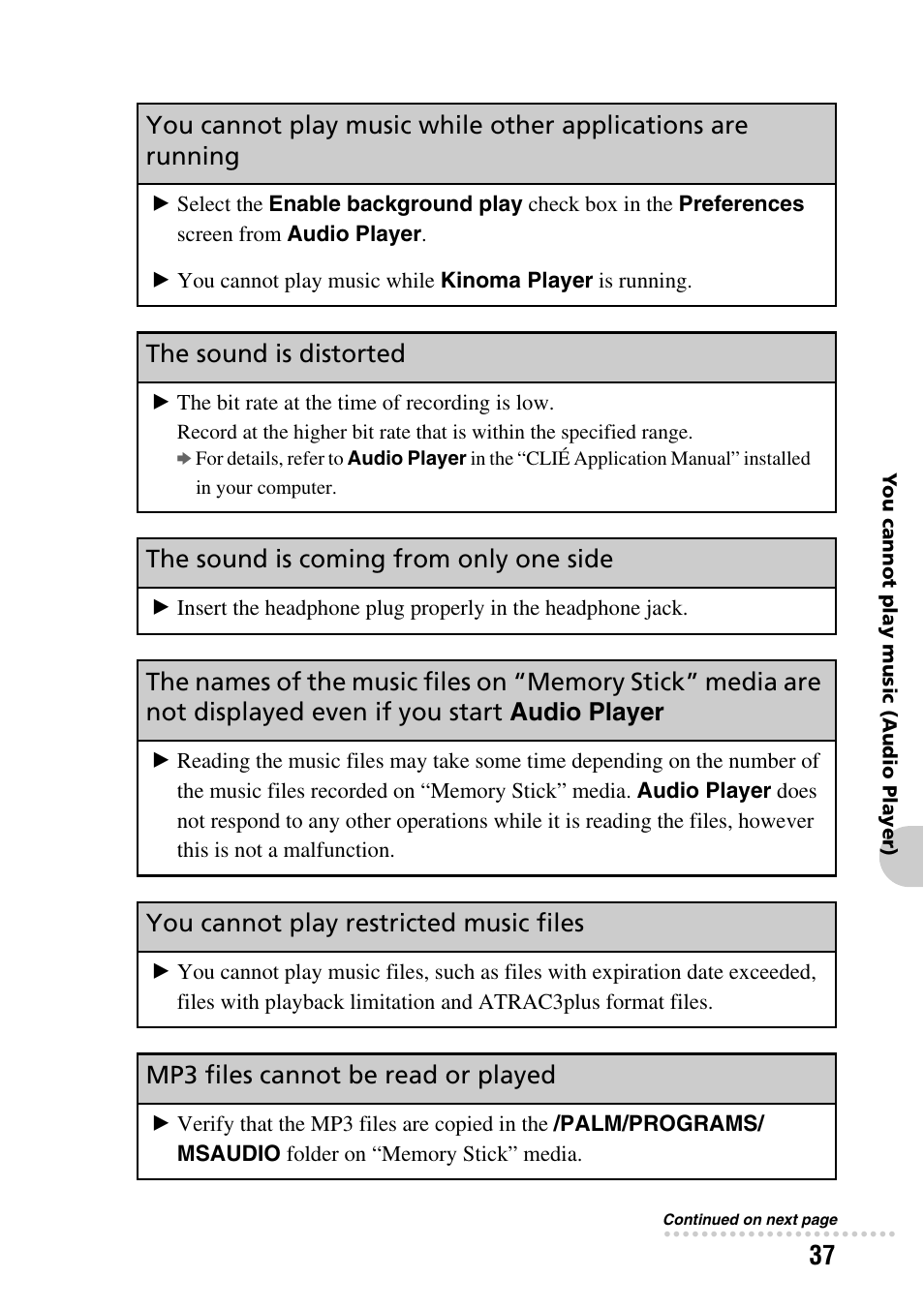 The sound is distorted, The sound is coming from only one side, Audio player | You cannot play restricted music files, Mp3 files cannot be read or played | Sony PEG-SJ22 User Manual | Page 37 / 52