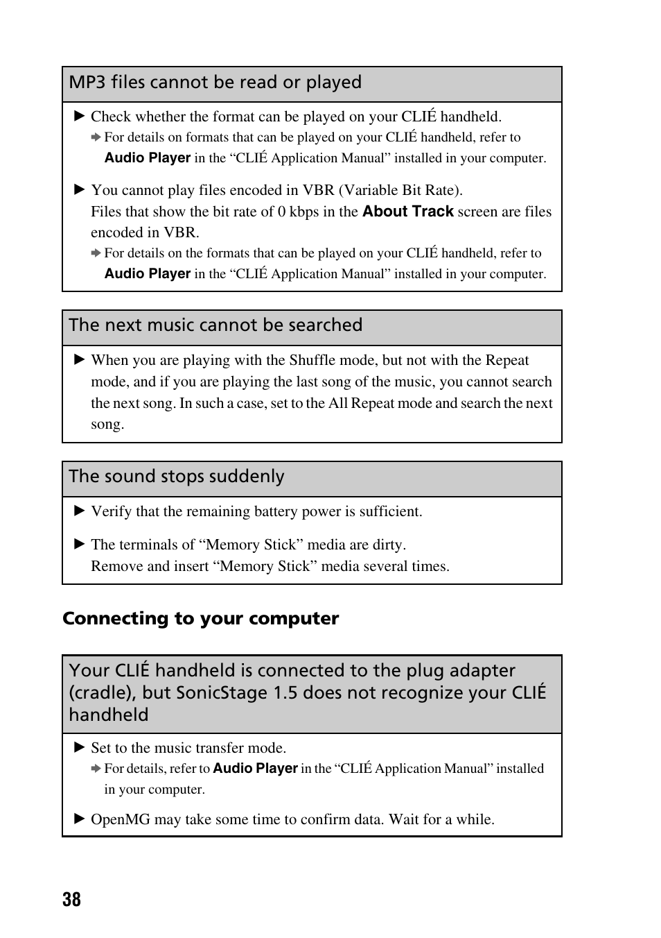 The next music cannot be searched, The sound stops suddenly, Connecting to your computer | Mp3 files cannot be read or played | Sony PEG-SJ22 User Manual | Page 38 / 52