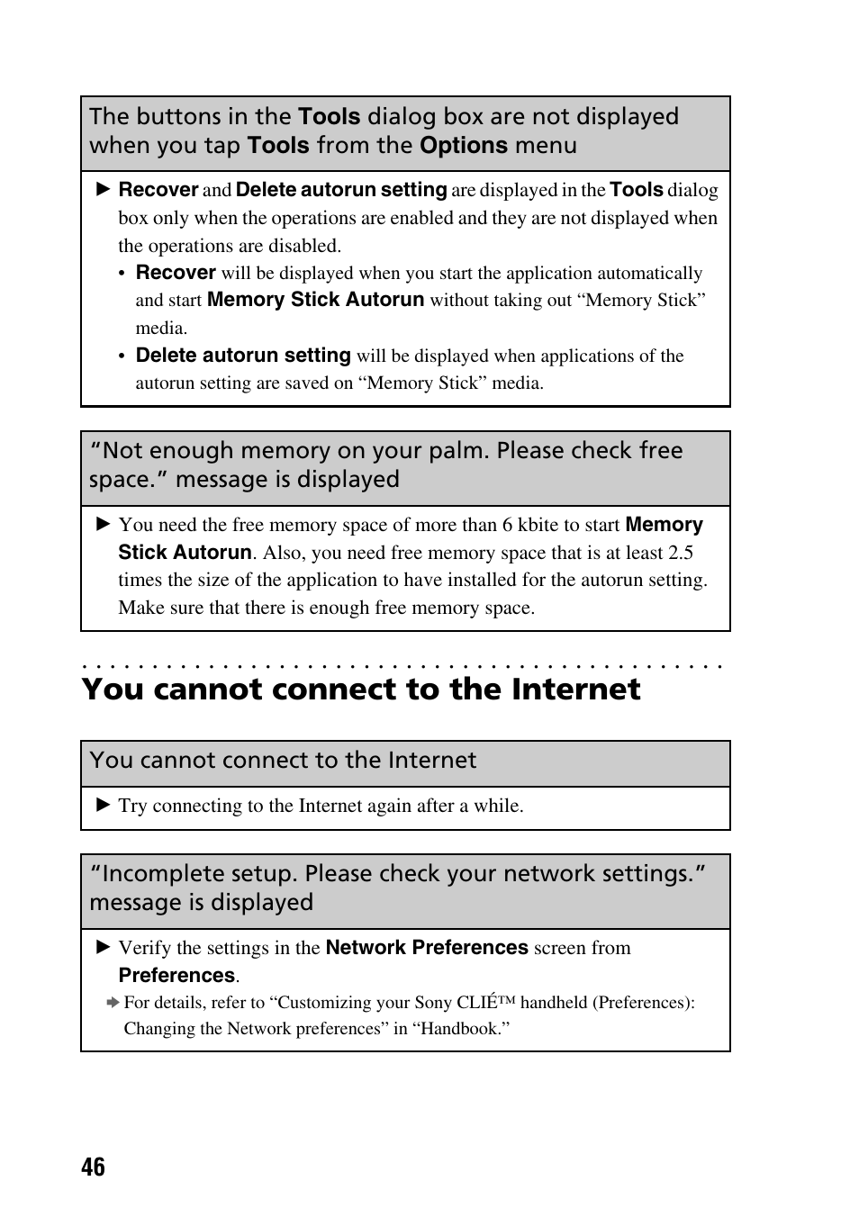 You cannot connect to the internet, The buttons in the, Tools | Dialog box are not displayed when, You tap, From the, Options, Menu | Sony PEG-SJ22 User Manual | Page 46 / 52