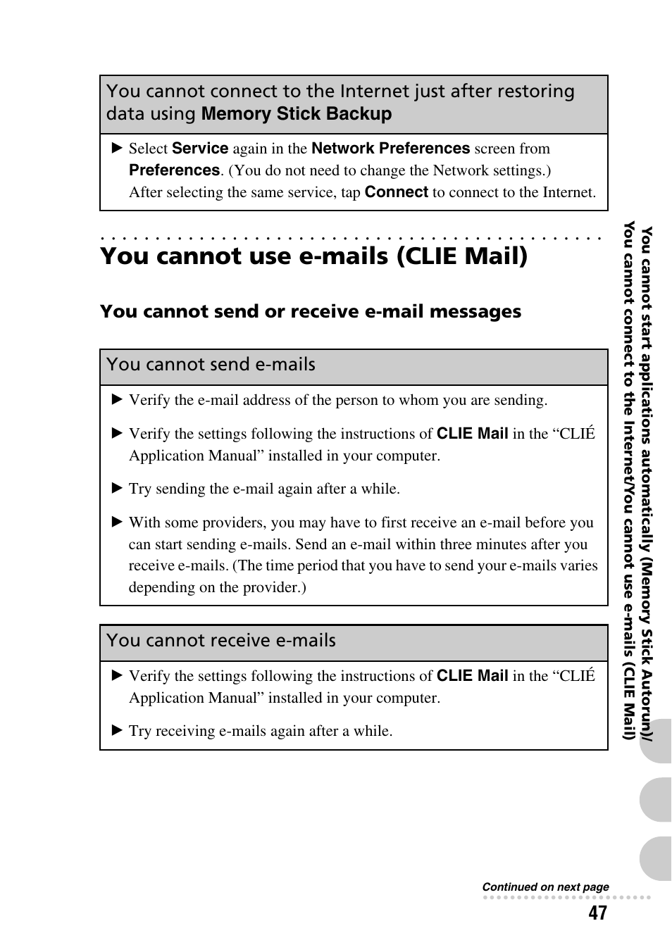 You cannot use e-mails (clie mail), Memory stick backup, You cannot send or receive e-mail messages | You cannot send e-mails, You cannot receive e-mails | Sony PEG-SJ22 User Manual | Page 47 / 52