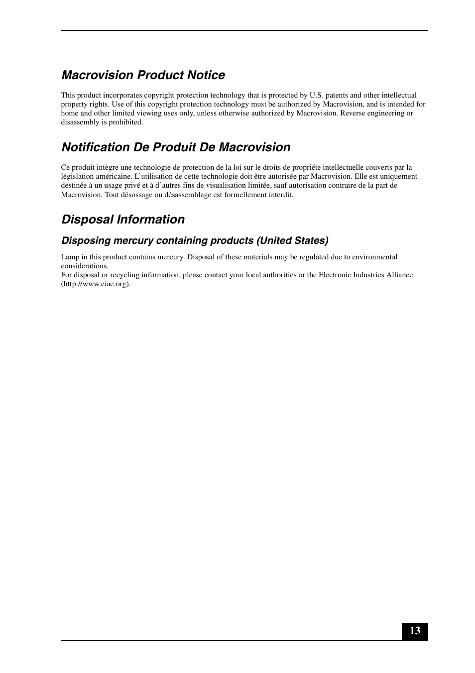 Macrovision product notice, Notification de produit de macrovision, Disposal information | Sony VGN-FZ290EGS User Manual | Page 13 / 28