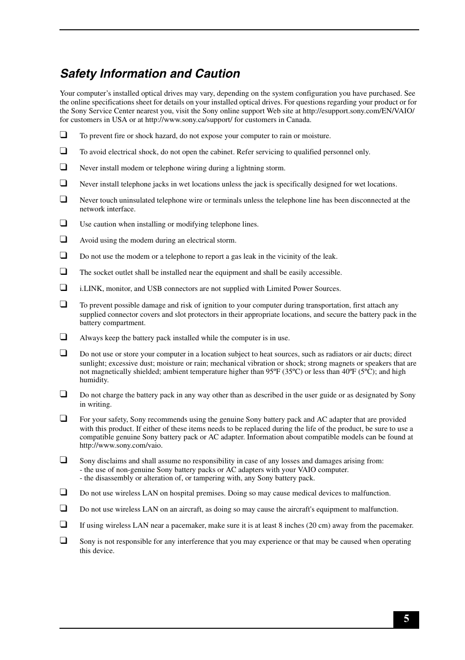 Safety information and caution | Sony VGN-FZ290EGS User Manual | Page 5 / 28