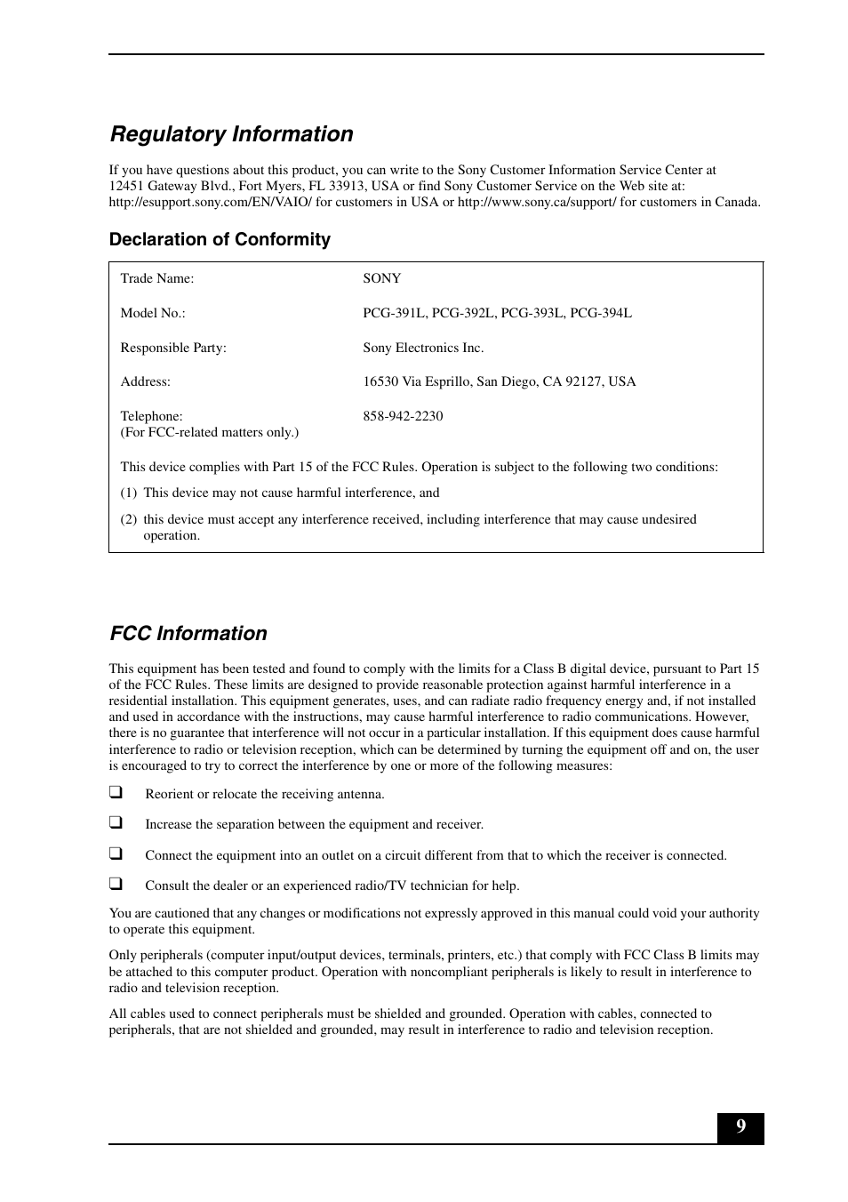 Regulatory information, Fcc information, Declaration of conformity | Sony VGN-FZ290EGS User Manual | Page 9 / 28