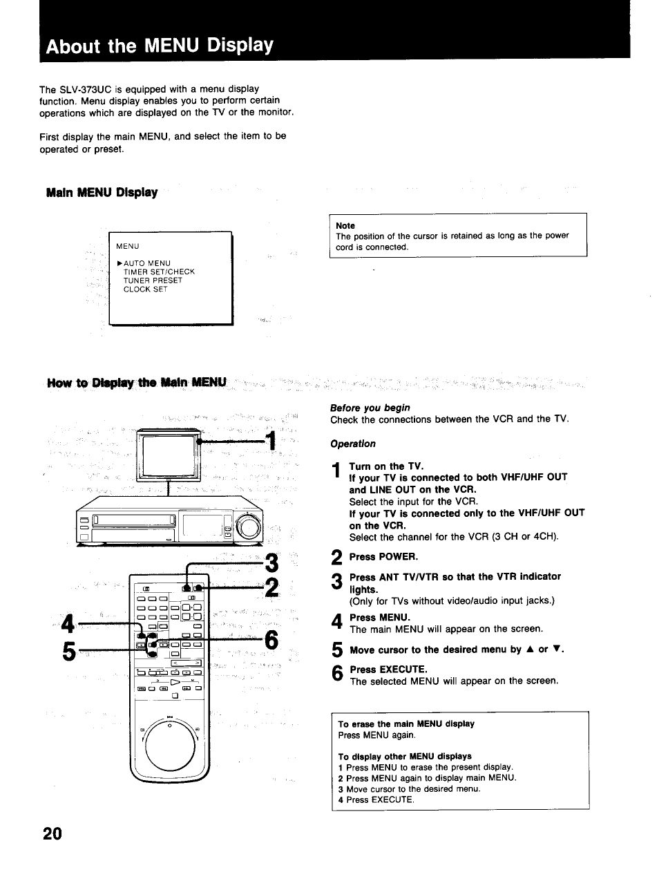 About the menu display, Main menu display, Mew te omfmy me imn iffinu | Turn on the tv, 2 press power, Press ant tv/vtr so that the vtr indicator lights, A press menu | Sony SLV-373UC User Manual | Page 20 / 60