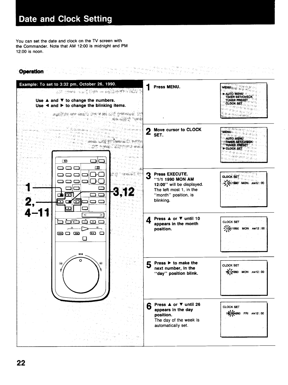 Date and clock setting, Use ▲ and ▼ to change the numbers, Press menu | Move cursor to clock set, Press execute | Sony SLV-373UC User Manual | Page 22 / 60