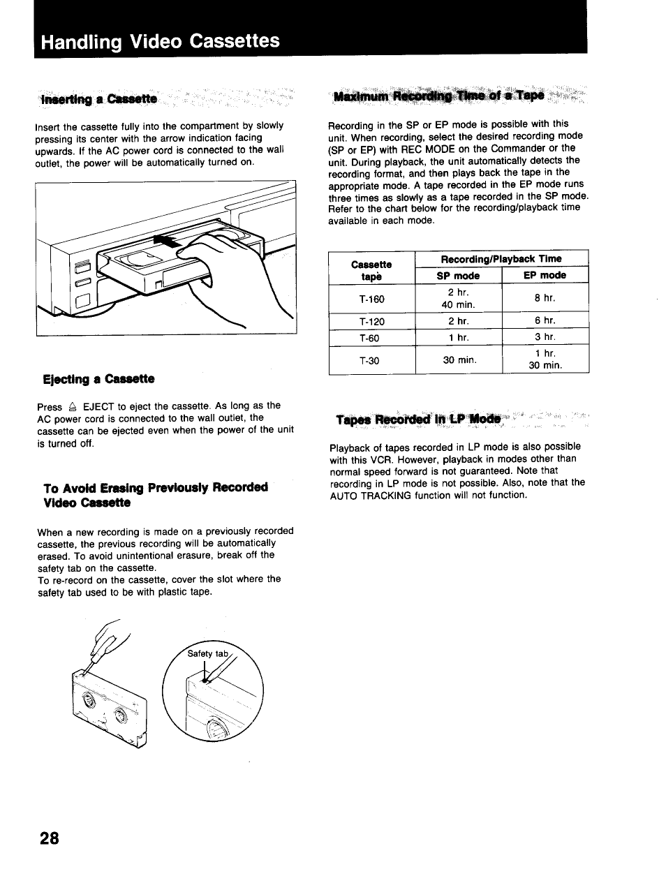 Handling video cassettes, Maxiffluin rmordifi0 time of a tape, Ejecting a cassette | To avtrfd enmng pre^usly rtoonfml video | Sony SLV-373UC User Manual | Page 28 / 60