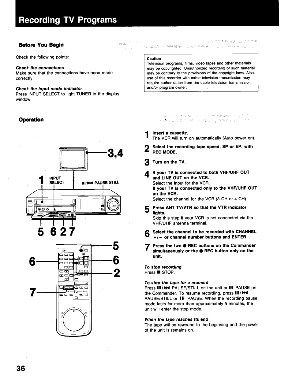 Recording tv programs, Before you begin, Operatlchi | Insert a cassette, Turn on the tv, Press ant tv/vtr so that the vtr indicator lights | Sony SLV-373UC User Manual | Page 36 / 60