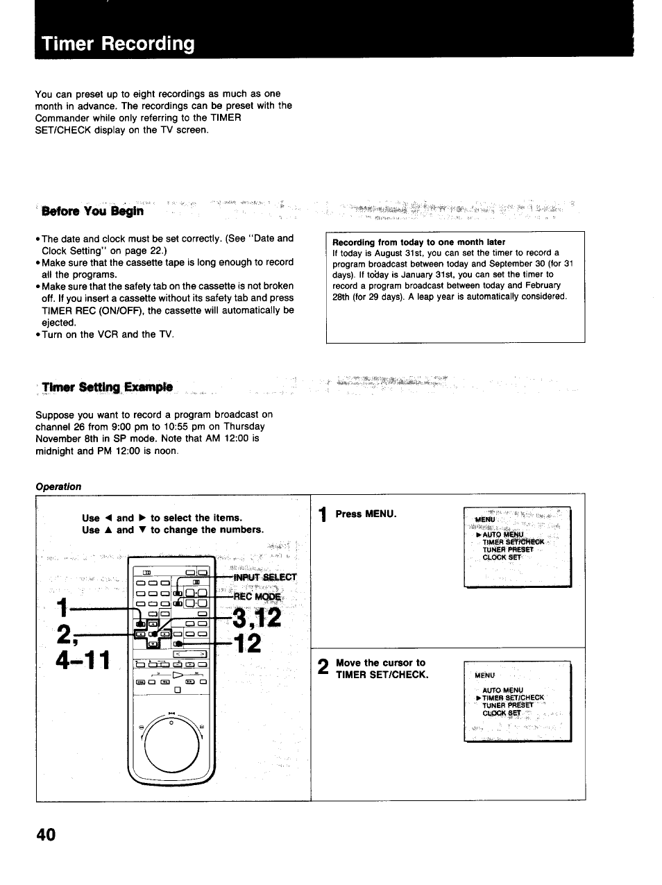 Timer recording, Iefwe you begin, Thmr exmipm | Use -e and ^ to select the items, Press menu, Move the cursor to timer set/check | Sony SLV-373UC User Manual | Page 40 / 60