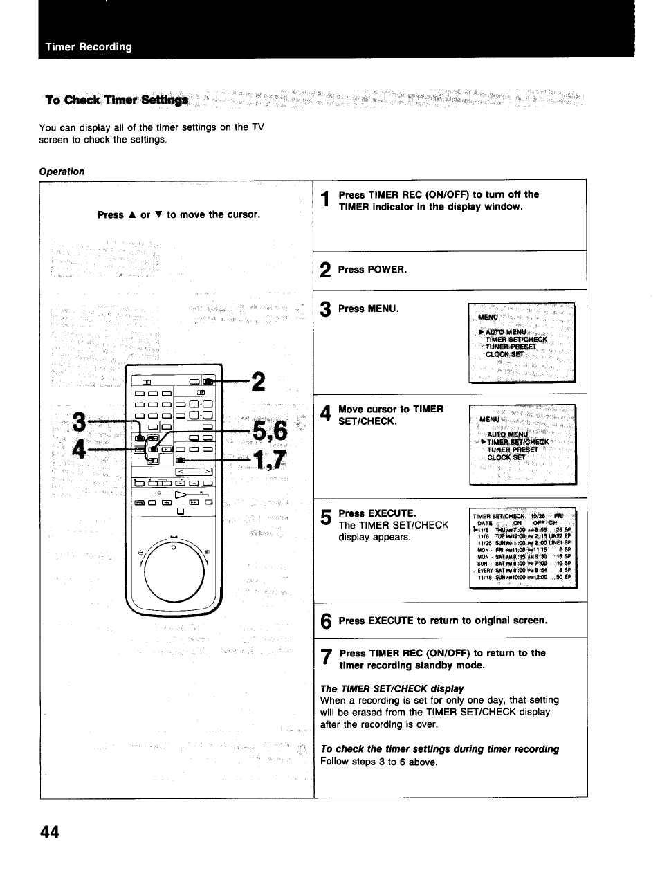 Press a or ▼ to move the cursor, 2 press power, 3 press menu | Move cursor to timer set/check, 0 press execute to return to original screen | Sony SLV-373UC User Manual | Page 44 / 60