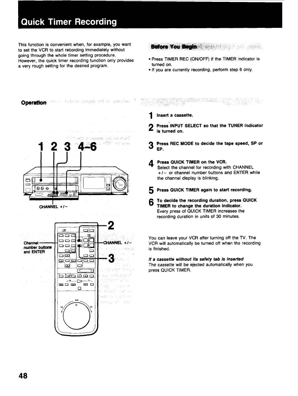 Quick timer recording, Before vou begin, Operalton | A press quick timer on the vcr | Sony SLV-373UC User Manual | Page 48 / 60