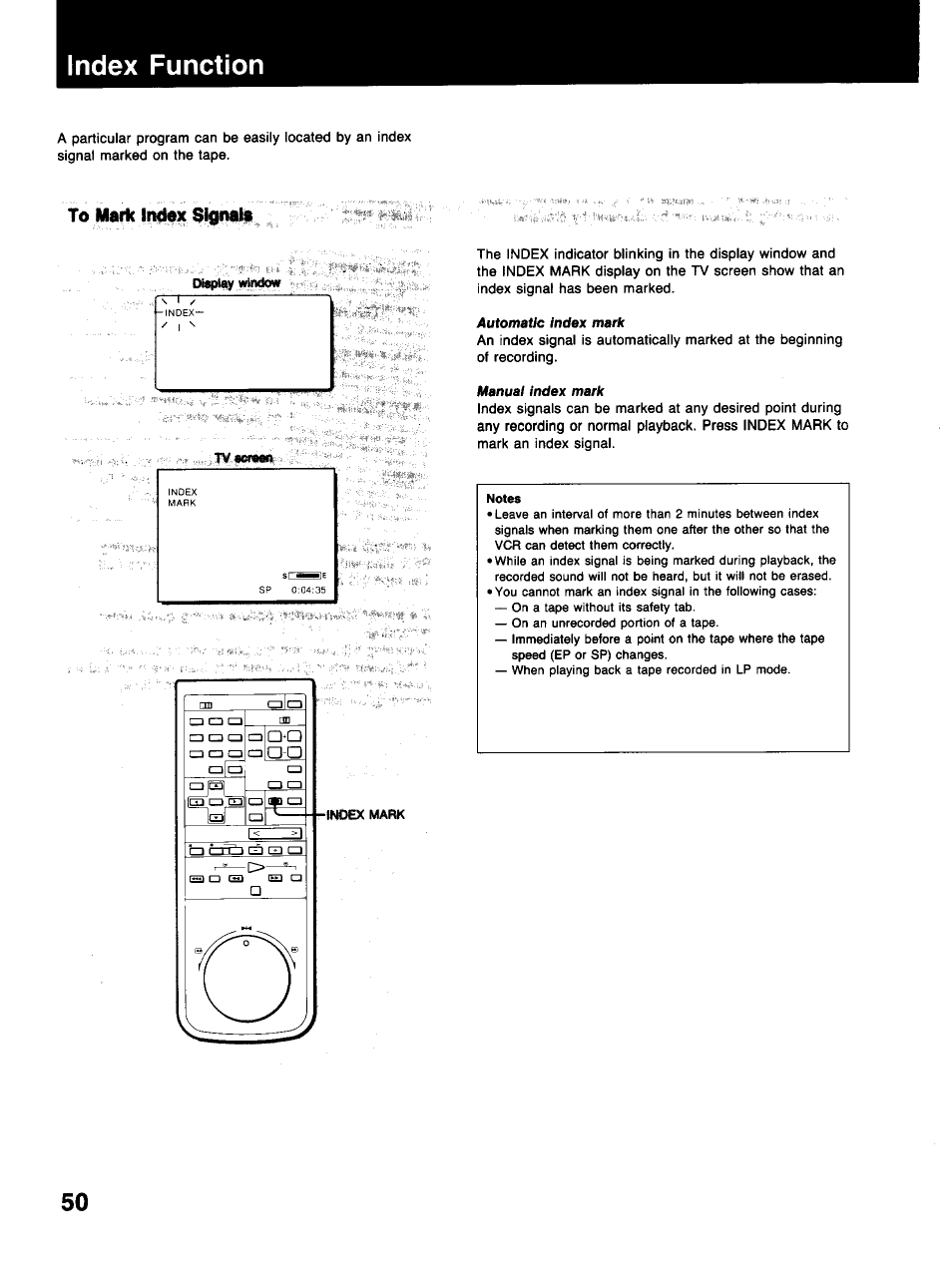 Index function, To mark imtex si^wii, Automatic index mark | Sony SLV-373UC User Manual | Page 50 / 60