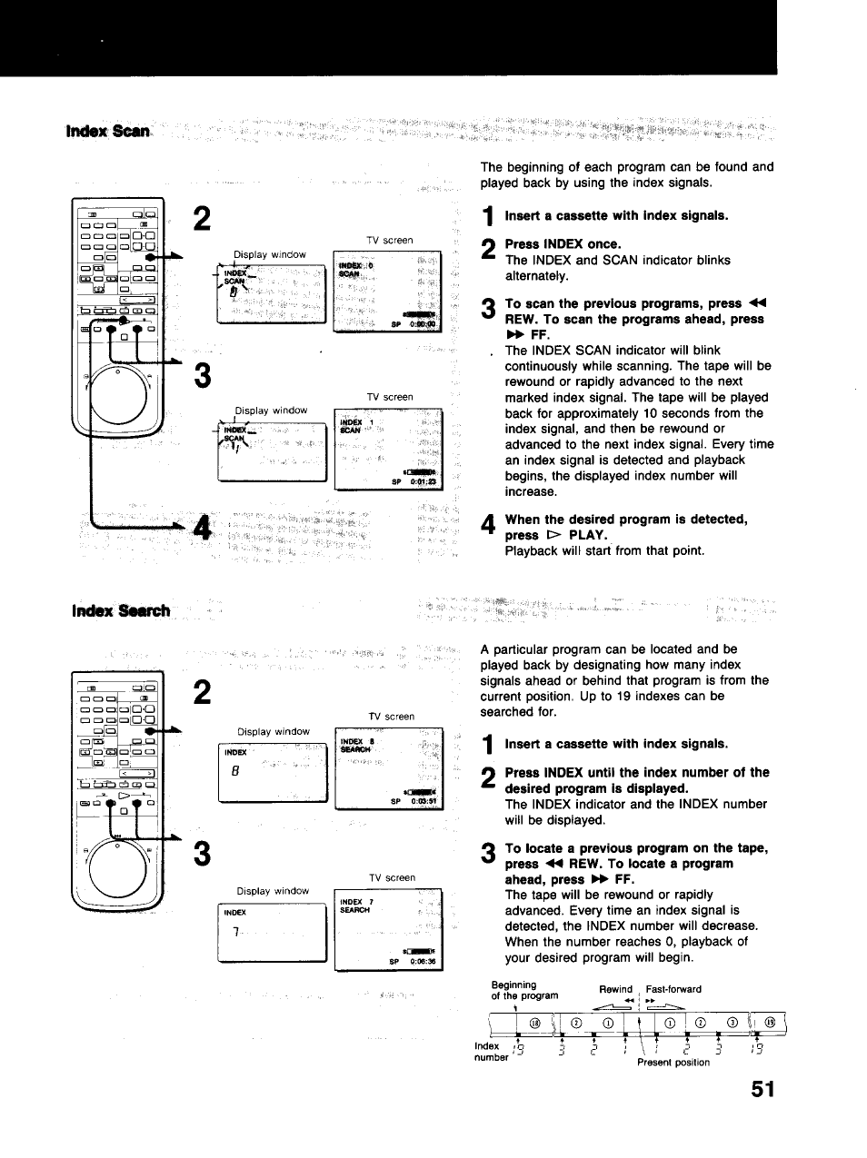 Index ^«1, O press index once, A when the desired program is detected | Indhc search, Index | Sony SLV-373UC User Manual | Page 51 / 60