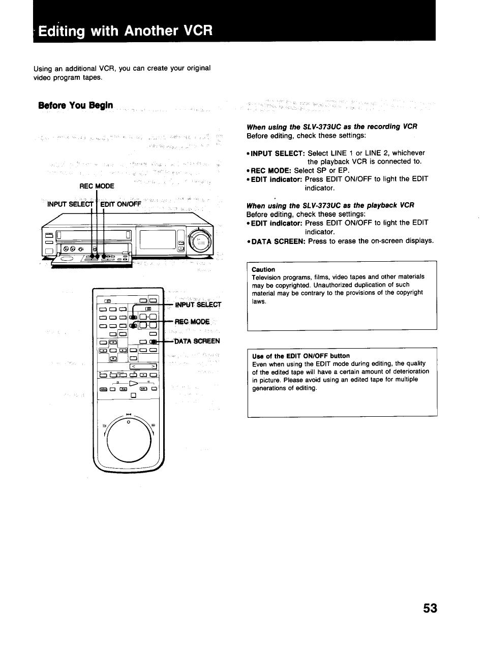 Editing with another vcr, Before you begin | Sony SLV-373UC User Manual | Page 53 / 60