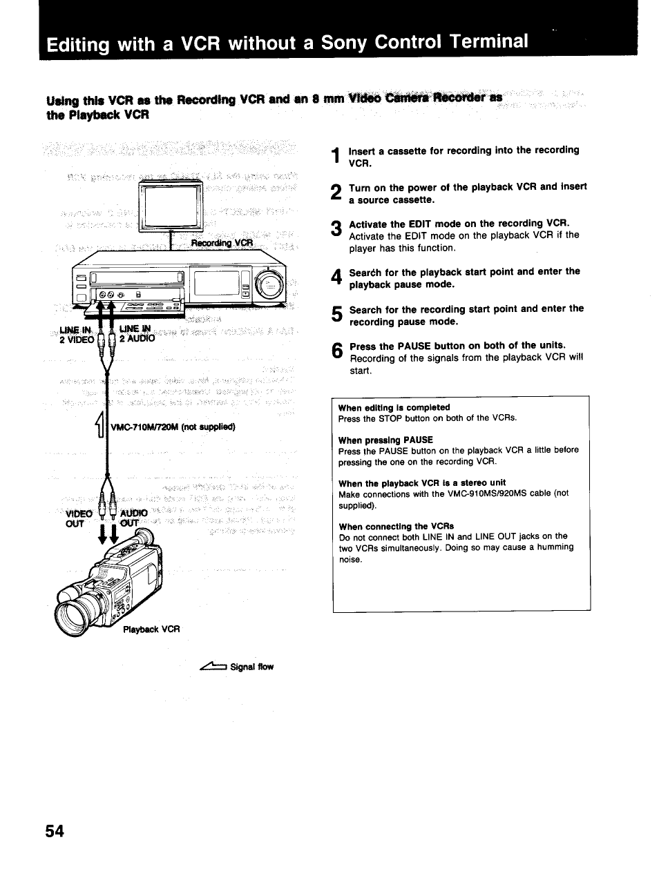 Editing with a vcr without a sony control terminal | Sony SLV-373UC User Manual | Page 54 / 60