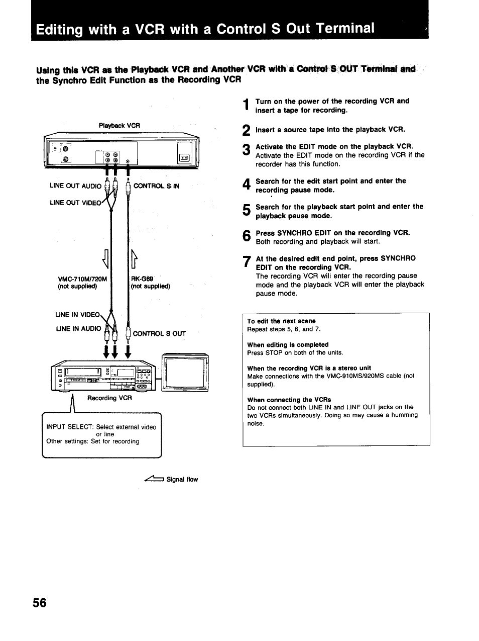 Editing with a vcr with a control s out terminal | Sony SLV-373UC User Manual | Page 56 / 60