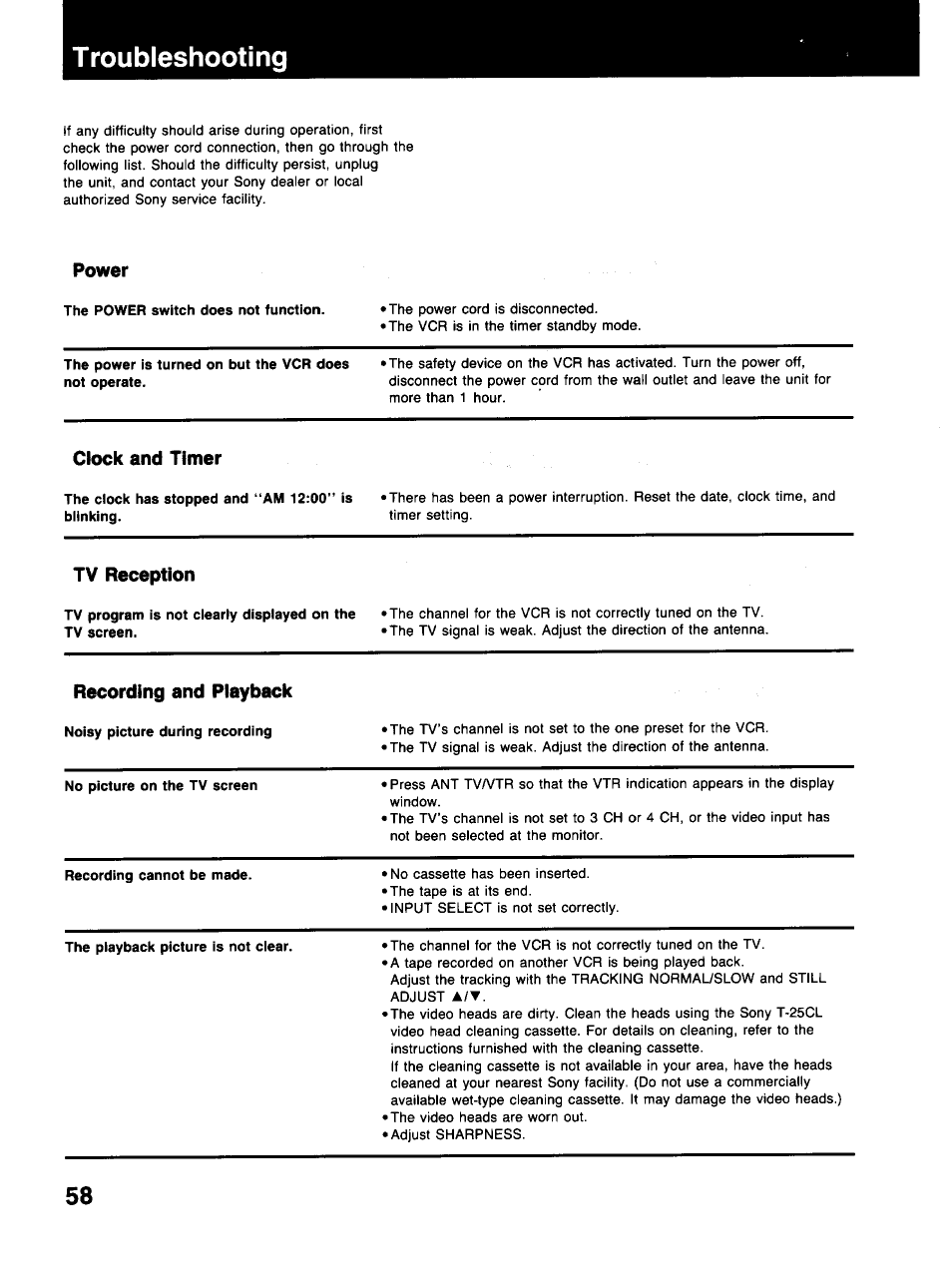 Troubleshooting, Clock and timer, Tv reception | Recording and playback, Power | Sony SLV-373UC User Manual | Page 58 / 60