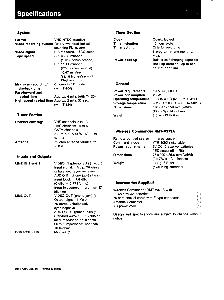 Specifications, Format, Video signal tape speed | Channel coverage, Antenna, Line in 1 and 2, Line out, Control s in, Clock, Power back up | Sony SLV-373UC User Manual | Page 60 / 60
