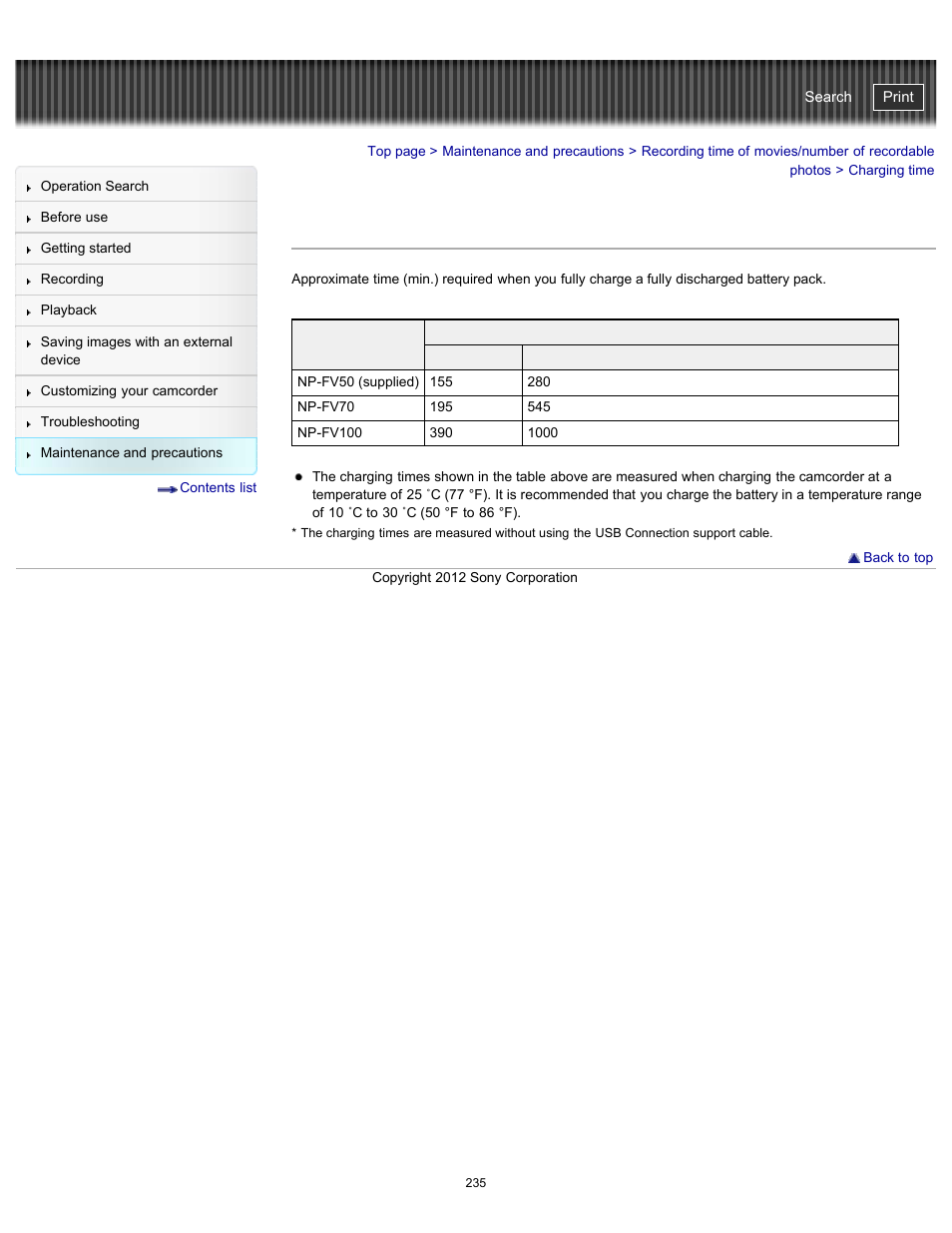 Charging time, Handycam" user guide | Sony HDR-PJ580V User Manual | Page 244 / 257