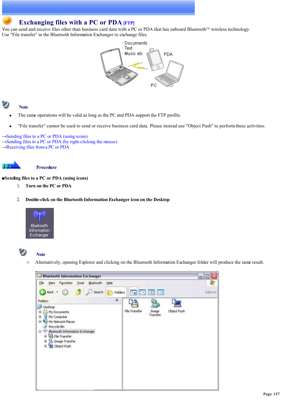 Sending files, Exchanging files with a pc or pda, Exchanging files with pcs and pdas | Sony Bluetooth Utility User Manual | Page 127 / 738