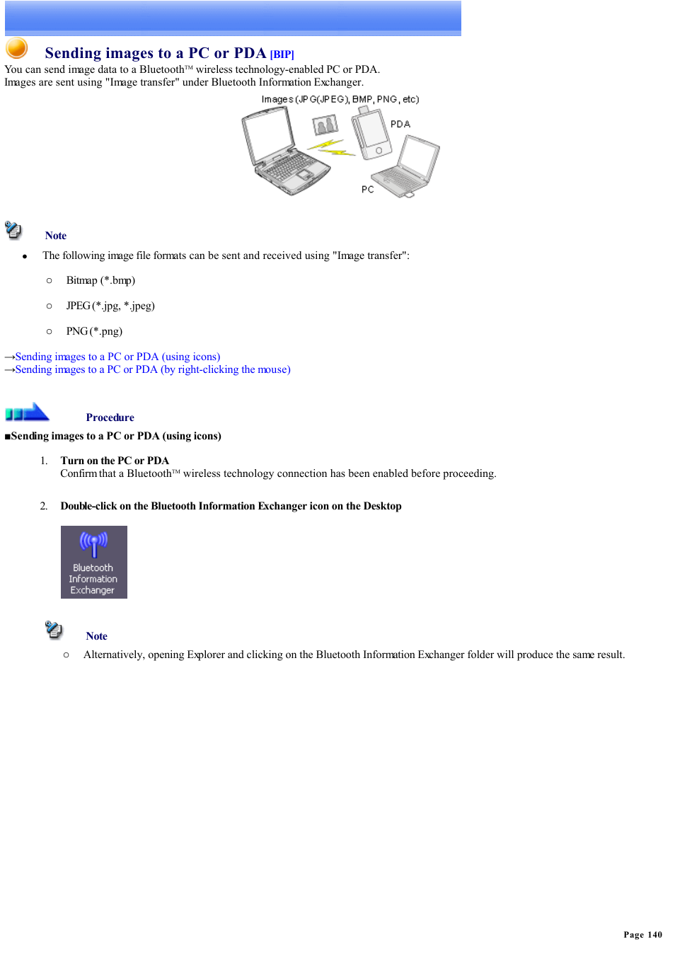 Sending images to a pc or pda, Sending images to pcs or pdas | Sony Bluetooth Utility User Manual | Page 140 / 738