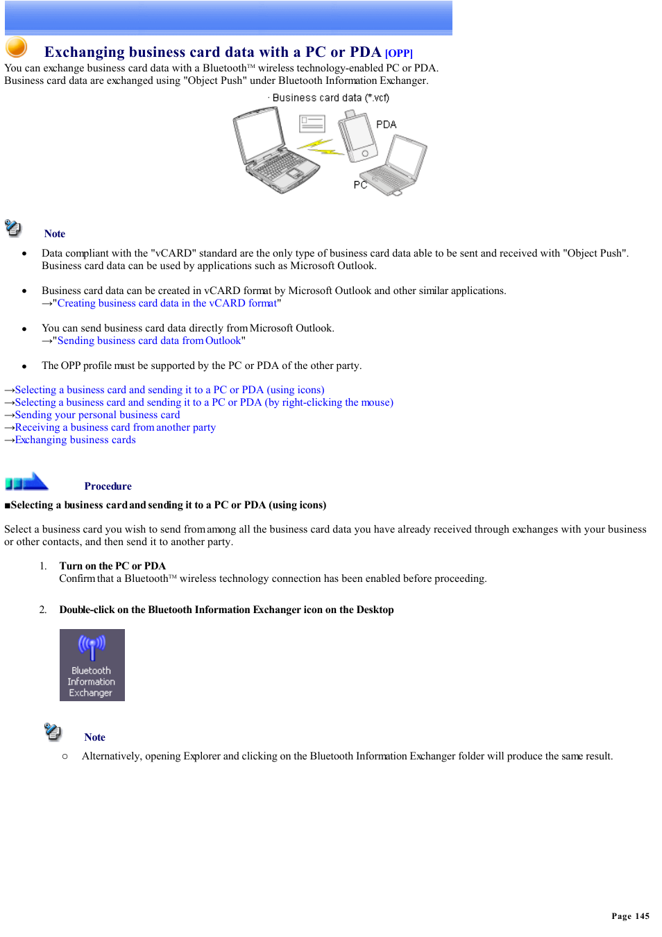 Exchanging business cards, Exchanging business card data with a pc or pda, Exchanging business card data with pcs and pdas | Sony Bluetooth Utility User Manual | Page 145 / 738