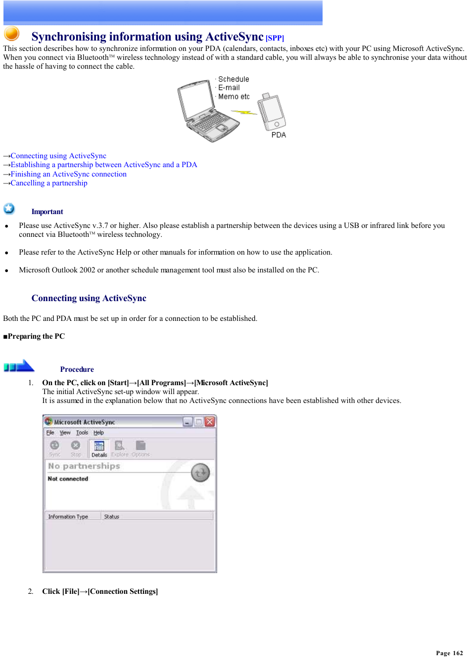 Synchronising data with a pda, Synchronising information using activesync | Sony Bluetooth Utility User Manual | Page 162 / 738