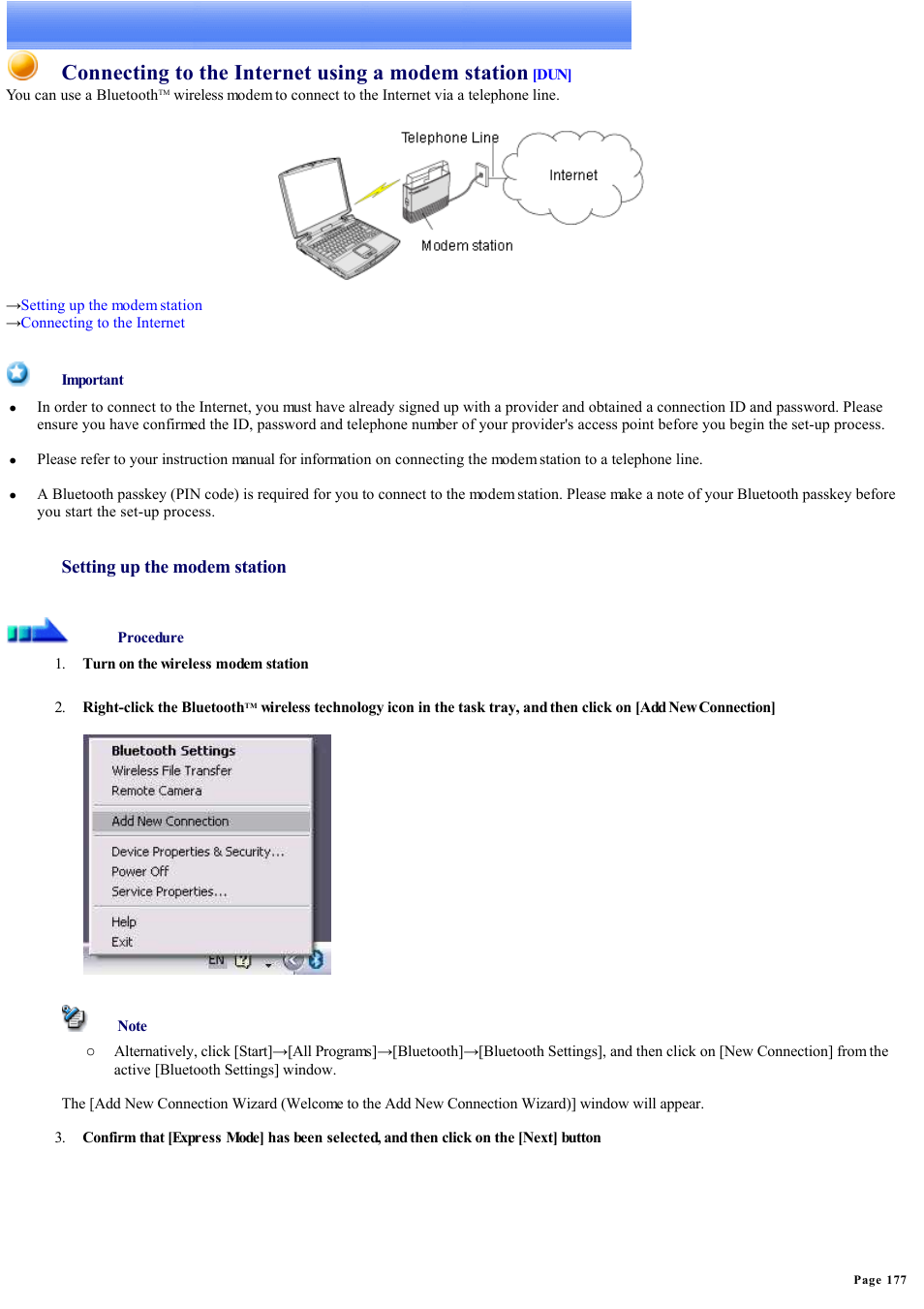 List of devices, Using a wireless modem station, Connecting to the internet using a modem station | Sony Bluetooth Utility User Manual | Page 177 / 738