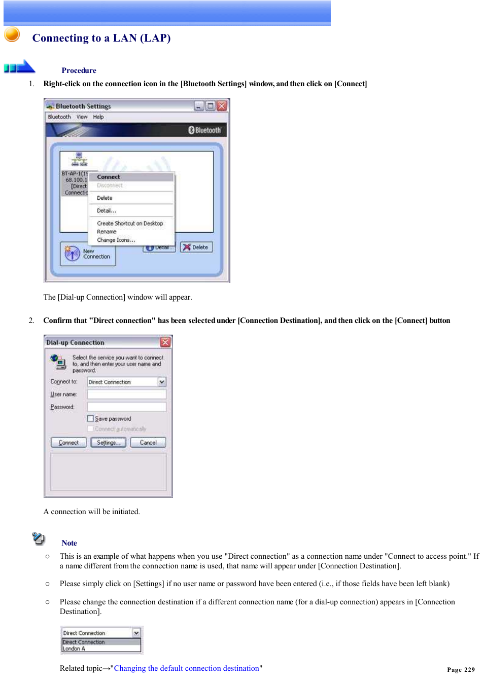 Connecting to a lan (lap) | Sony Bluetooth Utility User Manual | Page 229 / 738