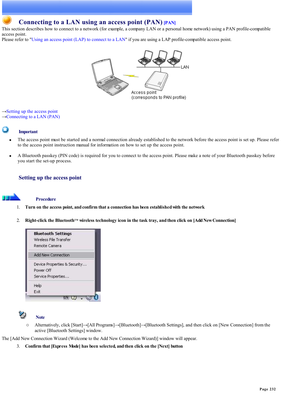 Connecting to a lan using an access point (pan) | Sony Bluetooth Utility User Manual | Page 232 / 738