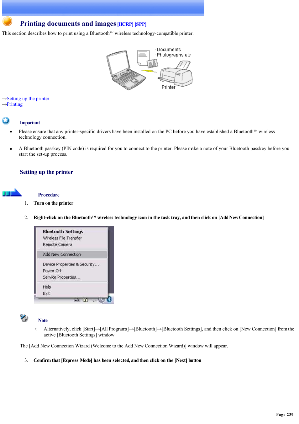 Printing documents and images, Setting up the printer | Sony Bluetooth Utility User Manual | Page 239 / 738