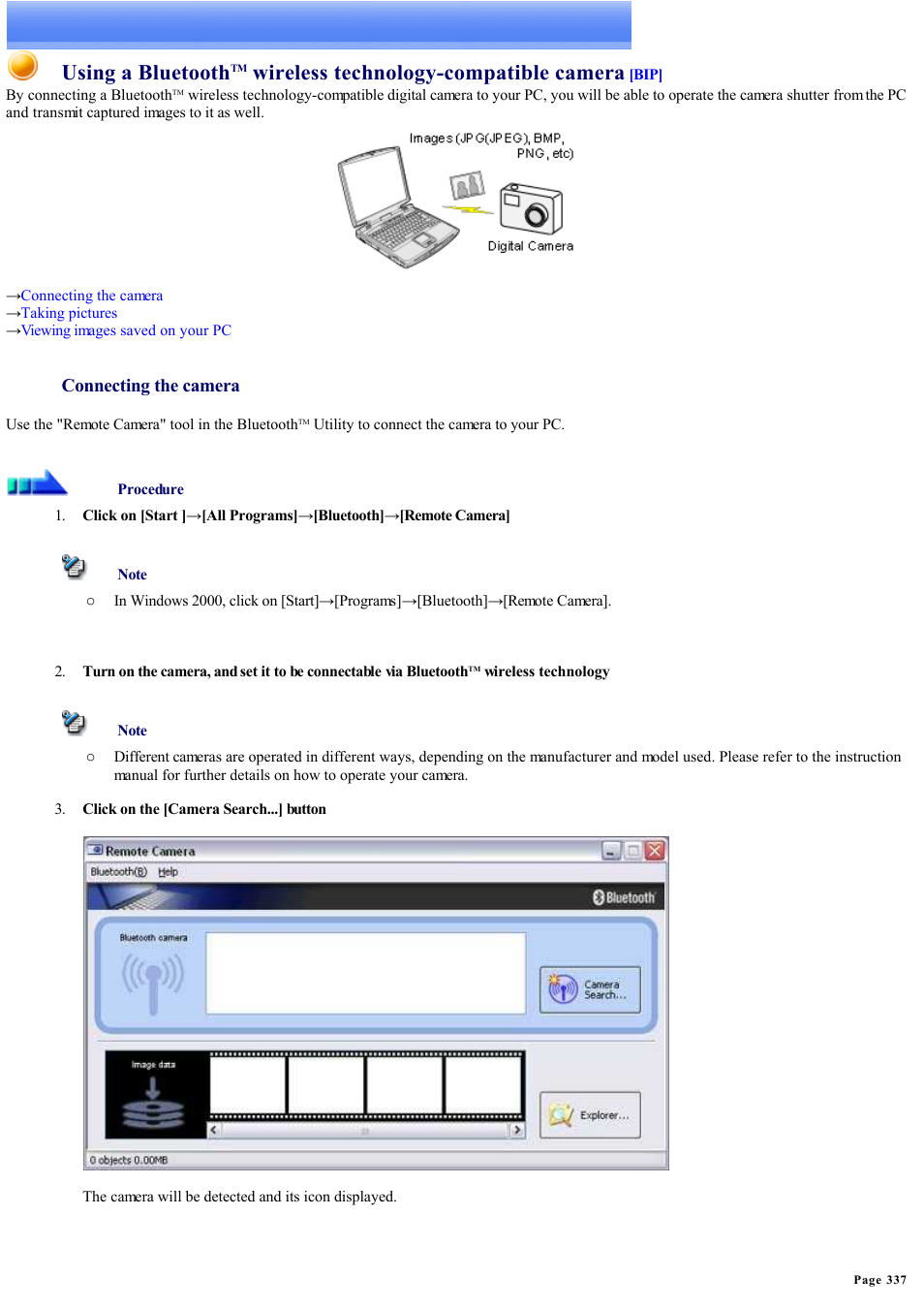 Using a camera, Using a bluetooth, Wireless technology-compatible camera | Connecting the camera | Sony Bluetooth Utility User Manual | Page 337 / 738