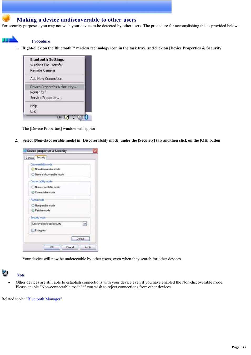 Advanced features, Making a device undiscoverable to other users | Sony Bluetooth Utility User Manual | Page 347 / 738