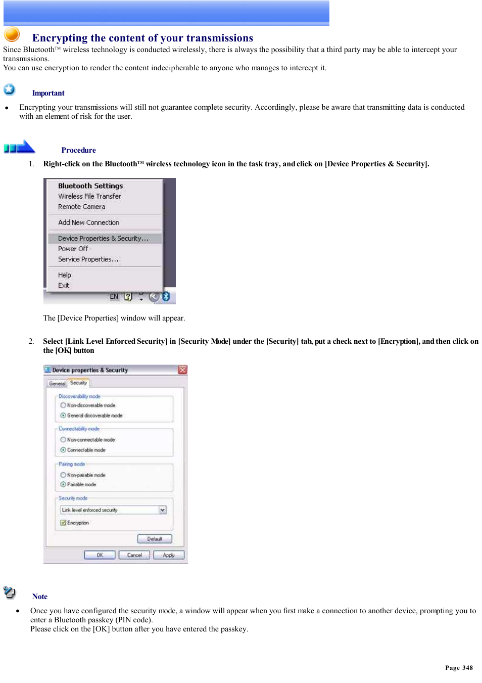 Encrypting the content of your transmissions | Sony Bluetooth Utility User Manual | Page 348 / 738