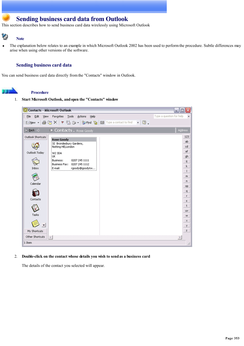 Sending business card data from outlook | Sony Bluetooth Utility User Manual | Page 353 / 738