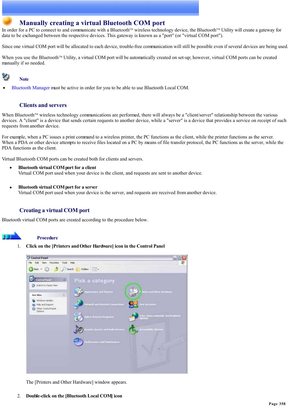 Manually creating a bluetooth virtual com port, Manually creating a virtual bluetooth com port, Clients and servers | Creating a virtual com port | Sony Bluetooth Utility User Manual | Page 358 / 738