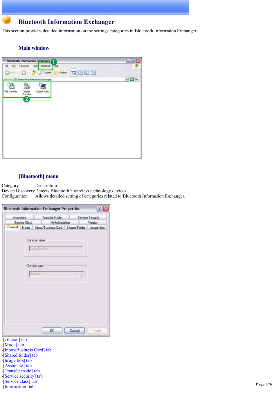 Bluetooth information exchanger | Sony Bluetooth Utility User Manual | Page 376 / 738