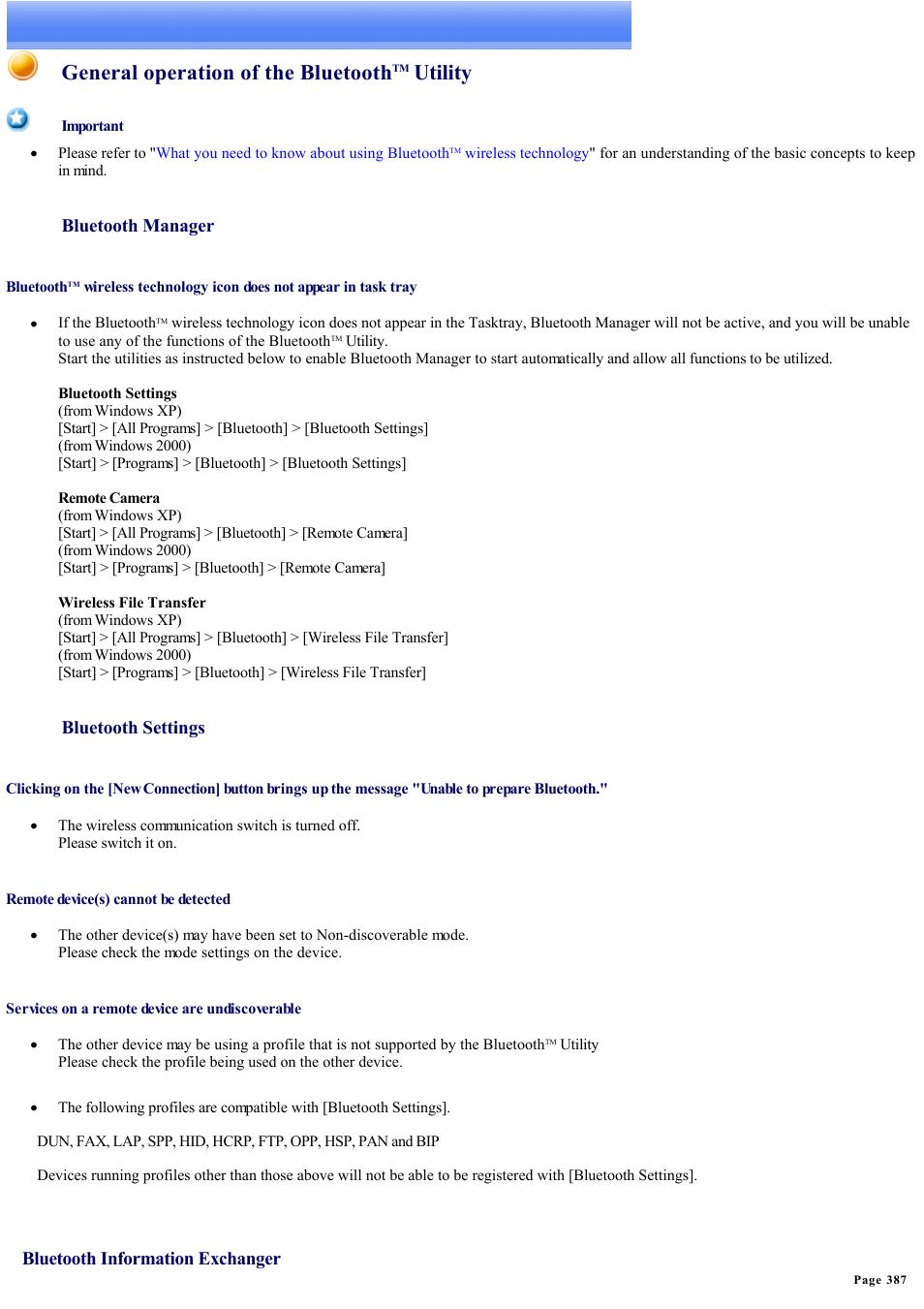 General operation of the bluetooth™ utility, General operation of the bluetooth, Utility | Bluetooth manager, Bluetooth settings, Bluetooth information exchanger | Sony Bluetooth Utility User Manual | Page 387 / 738