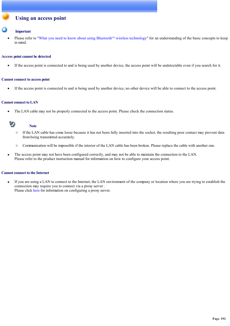 Using an access point | Sony Bluetooth Utility User Manual | Page 392 / 738