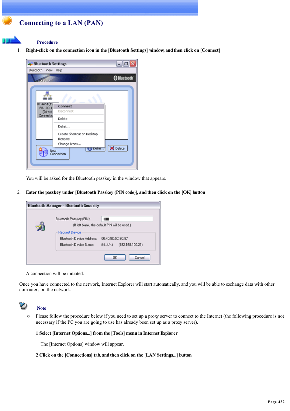 Connecting to a lan (pan) | Sony Bluetooth Utility User Manual | Page 432 / 738