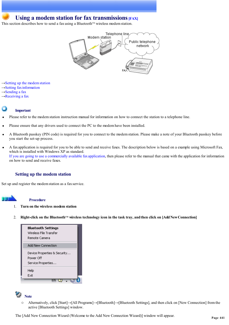 Fax transmissions, Using a modem station for fax transmissions | Sony Bluetooth Utility User Manual | Page 441 / 738