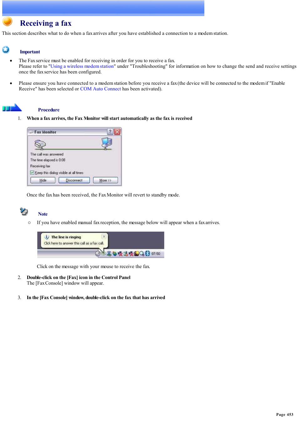 Receiving a fax | Sony Bluetooth Utility User Manual | Page 453 / 738