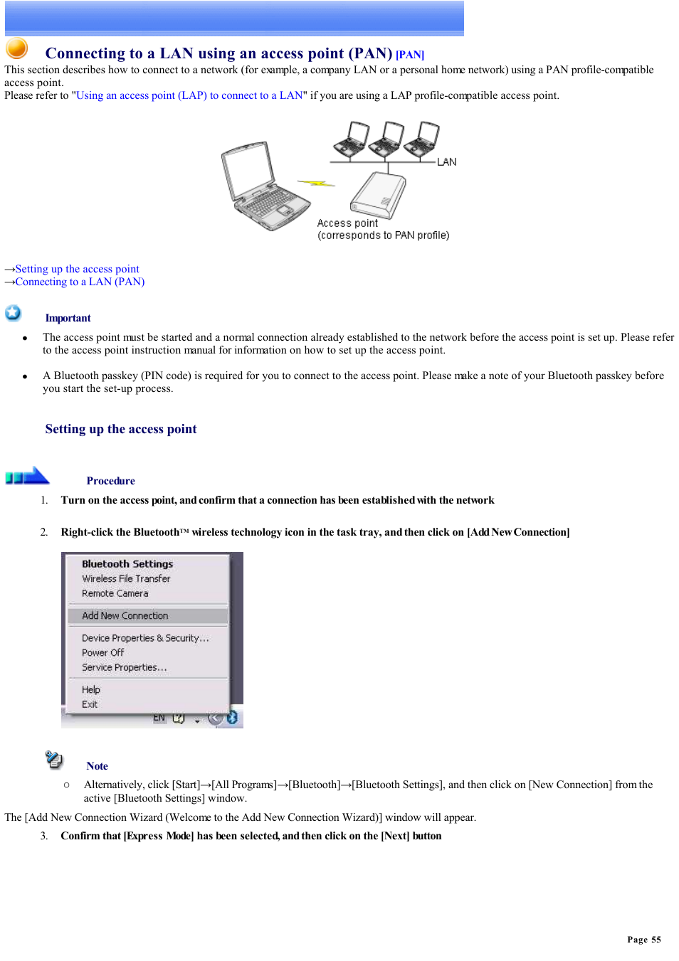 Connecting to a lan using an access point (pan), Please refer to, Using an access point (pan) to connect to a lan | Sony Bluetooth Utility User Manual | Page 55 / 738