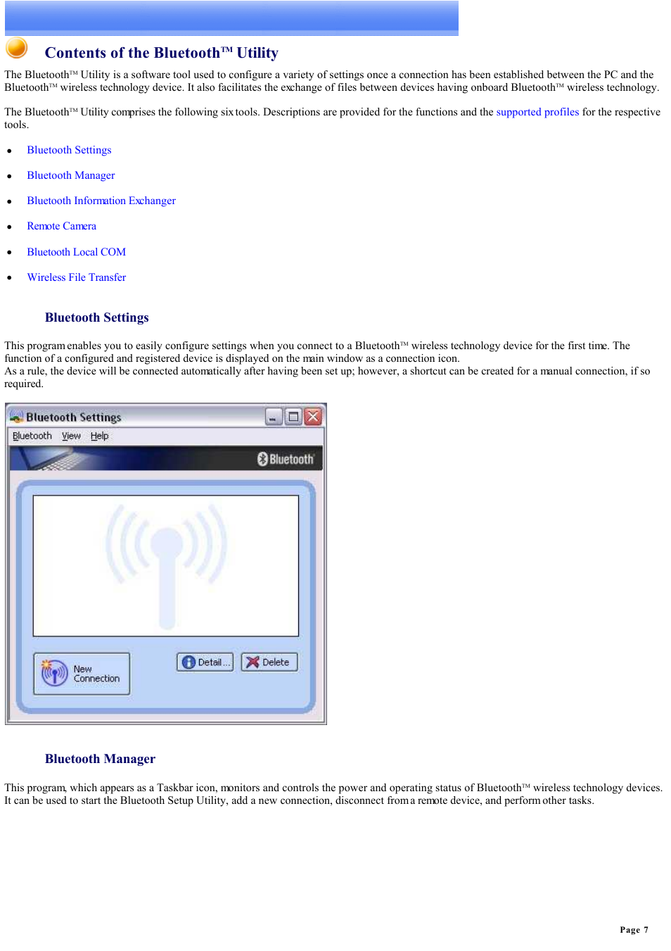 Contents of the bluetooth™ utility, Contents of the bluetooth, Utility | Bluetooth settings, Bluetooth manager | Sony Bluetooth Utility User Manual | Page 7 / 738