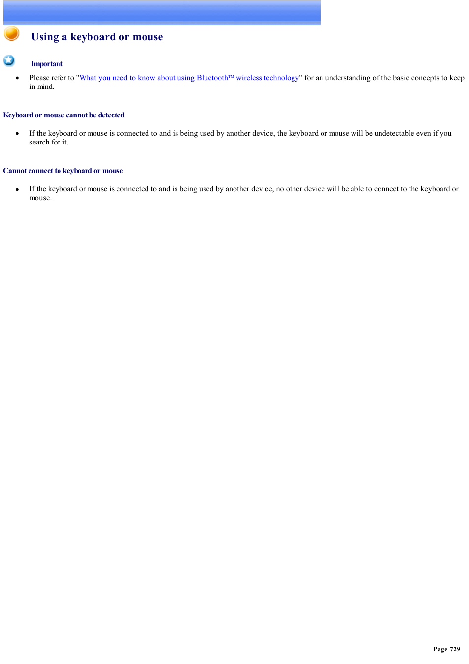 Using a keyboard or mouse | Sony Bluetooth Utility User Manual | Page 729 / 738