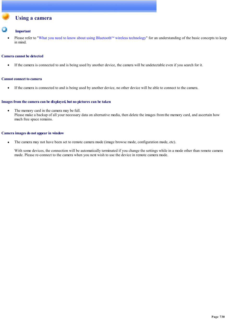 Using a camera | Sony Bluetooth Utility User Manual | Page 730 / 738