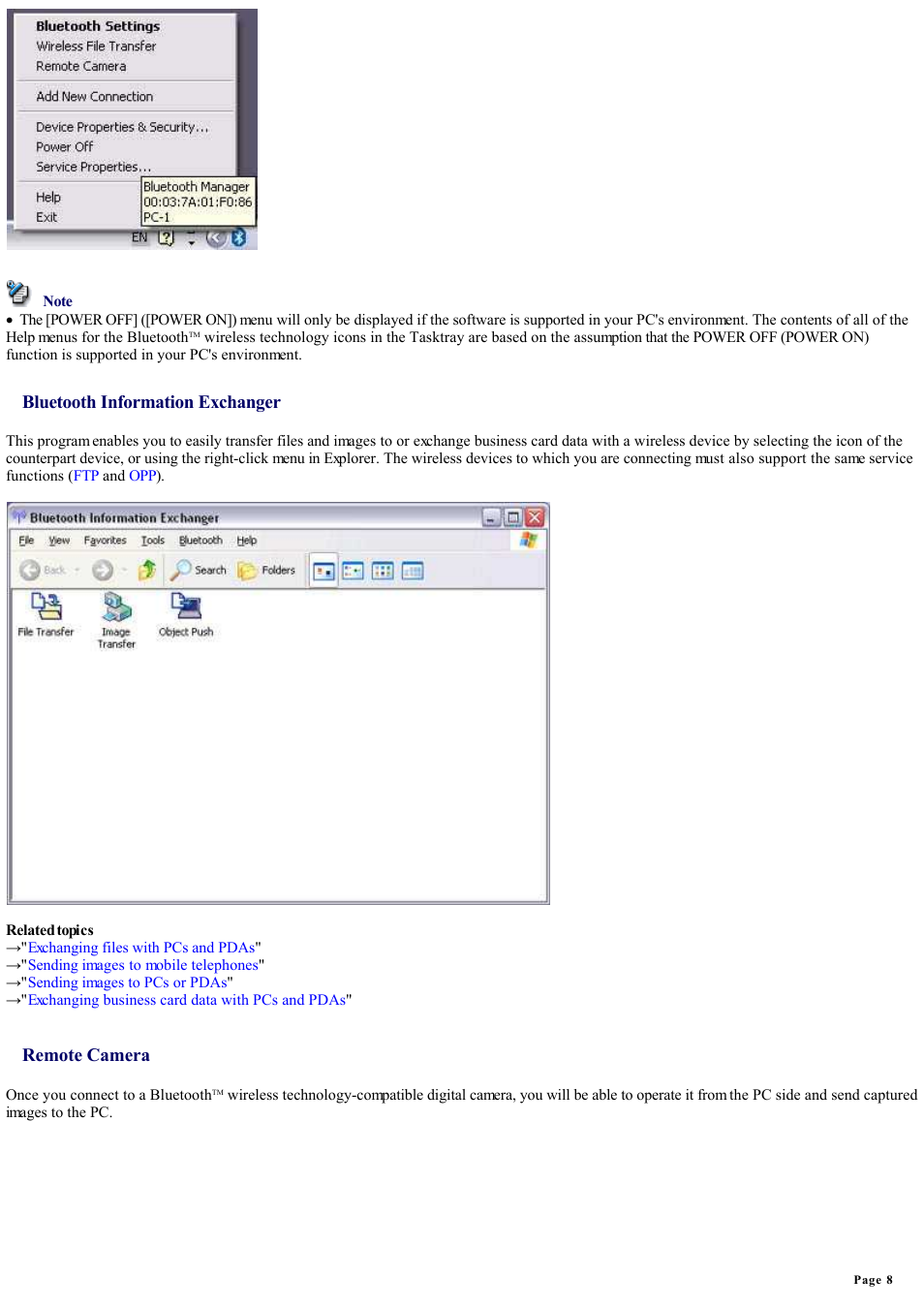 Bluetooth information exchanger, Remote camera | Sony Bluetooth Utility User Manual | Page 8 / 738