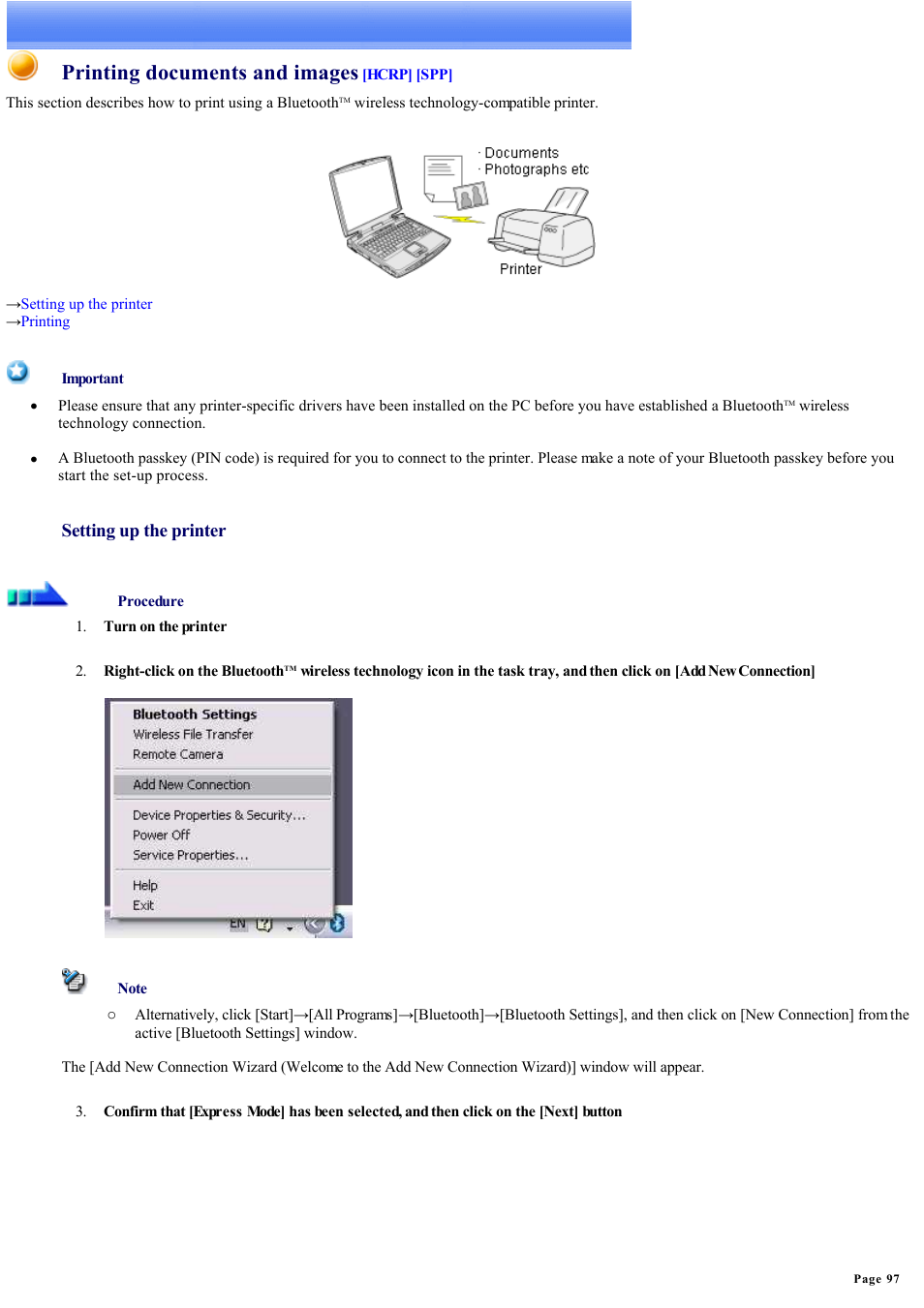 Printing documents and images, Printing document and images, Setting up the printer | Sony Bluetooth Utility User Manual | Page 97 / 738