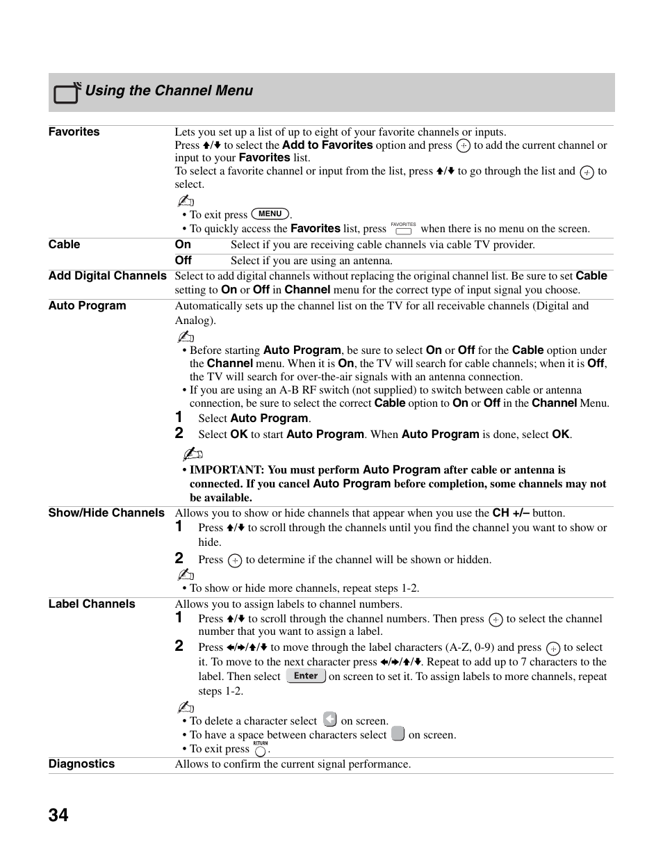 Using the channel menu | Sony KDL-46SL140 User Manual | Page 34 / 48